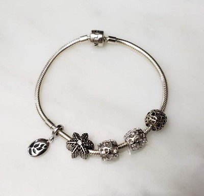 Sterling Silver Snake Chain Bracelet w/ 5 Charms ~ 7-3/4