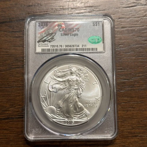 2015 American Silver Eagle MS70 CACG, Signed By CAC President Ron Drzewucki