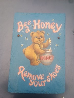 'Bee a Honey, Remove Your Shoes' Cute Bear Hand Painted Roof Slate Plaque
