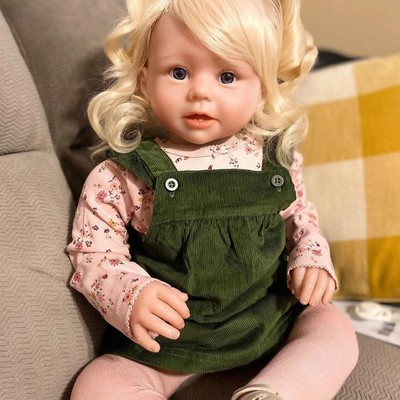28'' Painted Reborn Baby Doll Finished Toddler Girl Yellow Curly Hair Cloth Body