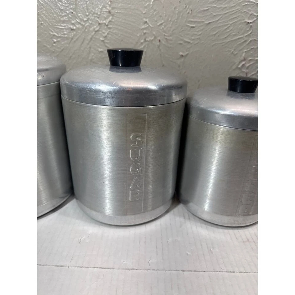 Juego de latas de aluminio hilado MCM de colección harina azúcar café tapas de té grasa negra Foto 3 de 4