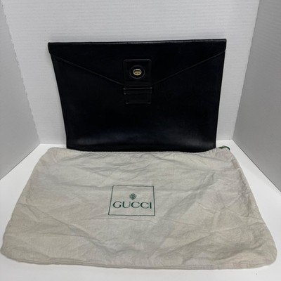 Gucci Vintage Black Leather Envelope Clutch Document Case Portfolio Italy