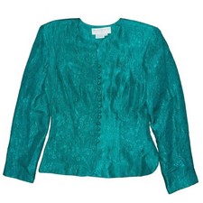 Vintage Maggy London Teal 100 Silk Button-Up Brocade Skirt Suit Matching Set 8