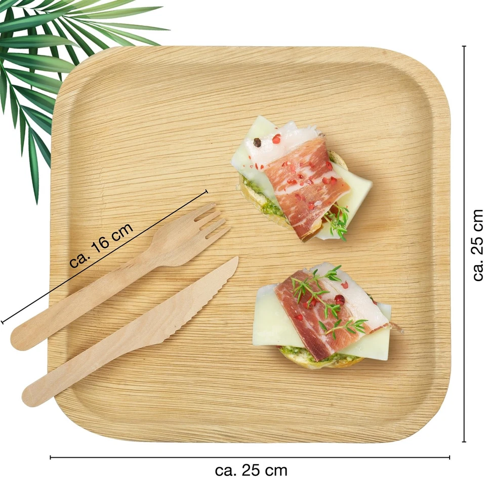 Hochwertiges Palmblatt Geschirr Teller Holzbesteck Biologisch Abbaubar Einweg - Bild 2 von 4