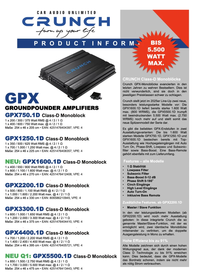 Crunch GPX1500.4 4-Kanal Digital Verstärker 1500 Watt + Basspegel Fernbedienung - Bild 3 von 4