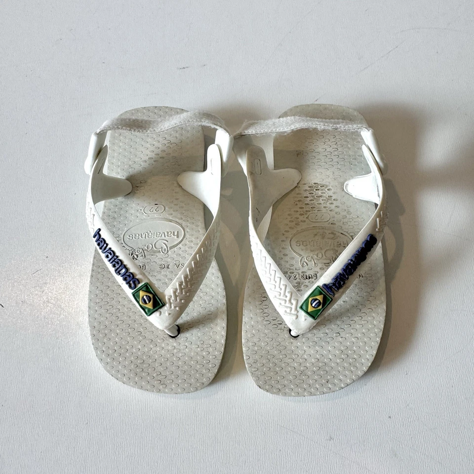 婴儿 Havaianas 白色露趾拖鞋凉鞋 7C 码巴西国旗 — 第 3/4 张图片