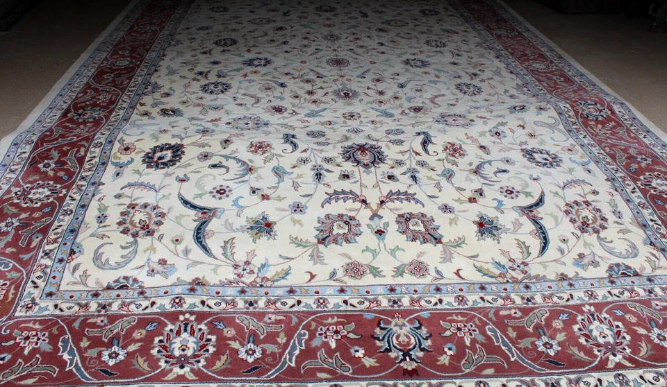 手工编织羊毛地毯 12x18 | 大号罗马尼亚小地毯 | 红色和象牙色花卉 — 第 4/4 张图片