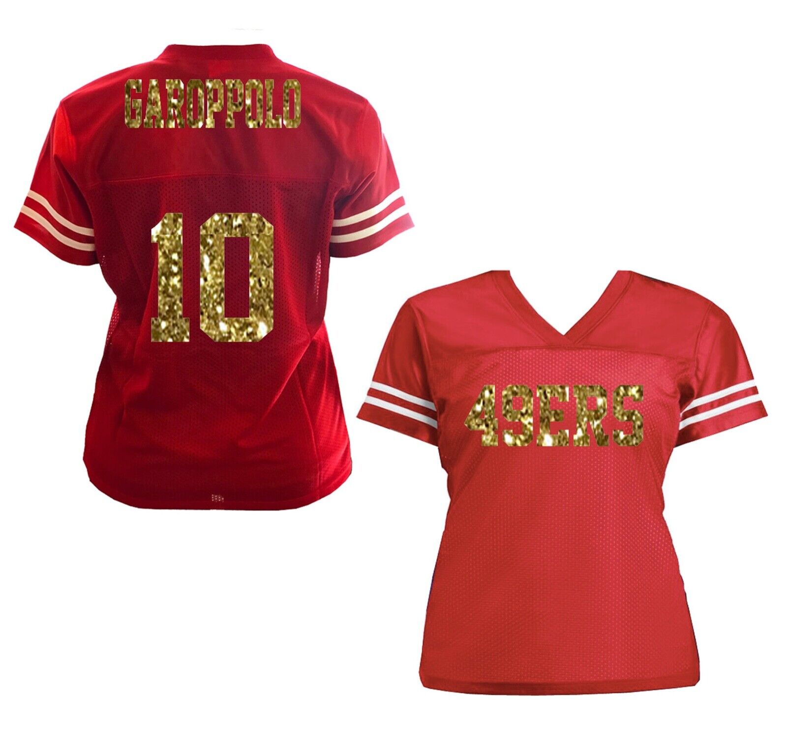 New 49ers Jersey Glitter Women's V-Neck Shirt, Garoppolo, Gold Red San  Francisco