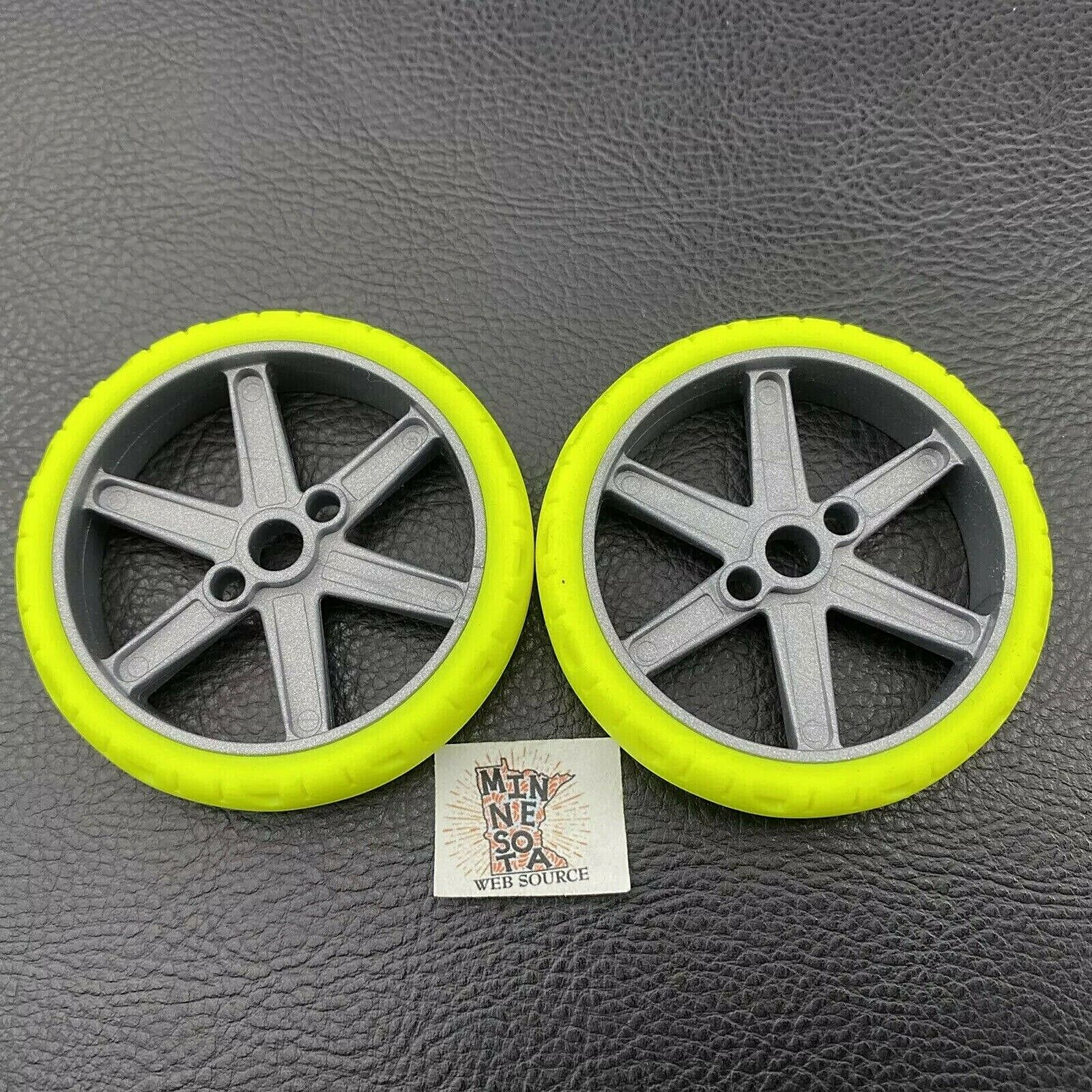 2 Knex Narrow Neon Yellow Motorcycle Tires Wheels 2.25" w/ Gray Hubs K'nex Parts
