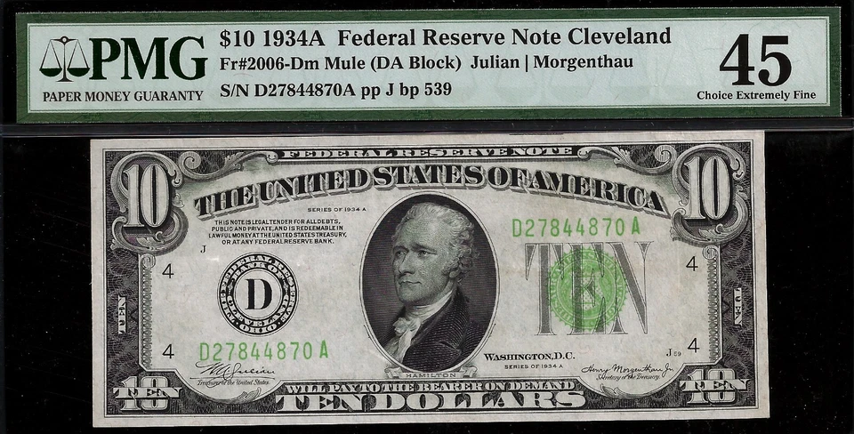 1934A $10 FRN Cleveland Mule PMG 45 crazy rare total 10 known Fr 2006-Dm - Image 3 of 4