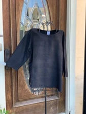 LT10R Black Large NWT Match Point Linen Shirt Blouse Top Round Neck Pull NEW