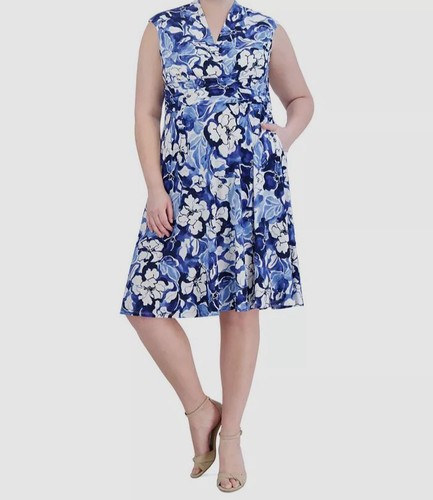 Jessica Howard Women's Blue Floral-Print Ruched-Waist Dress Plus Size 22W