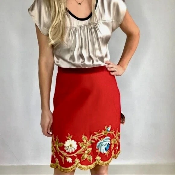 Falda Plenty by TRACY REESE Roja Lana Floral Bordada Apliques Talla 4 Foto 2 de 4
