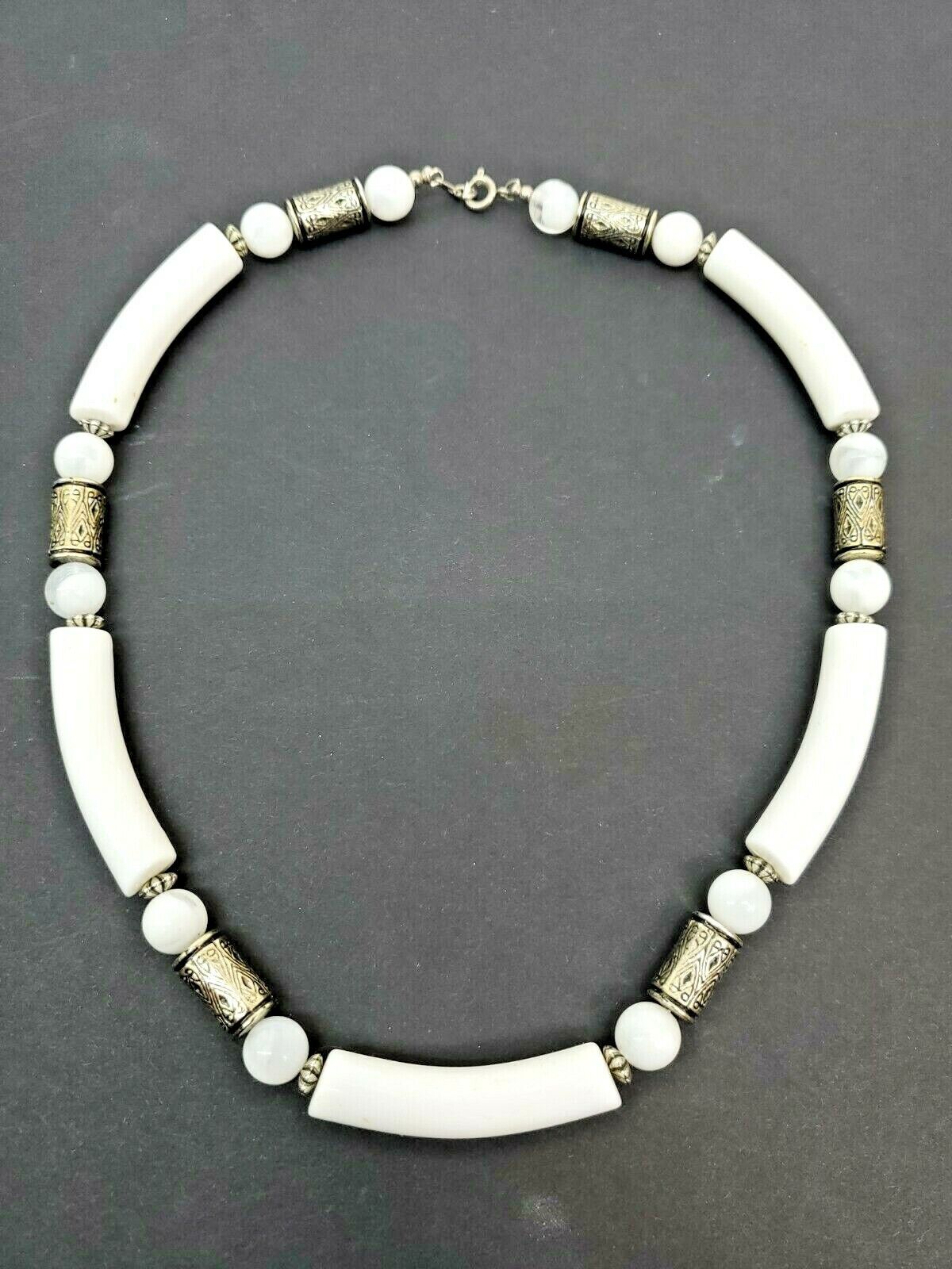 Vintage Silver & White Curved Round Lucite Neckla… - image 1