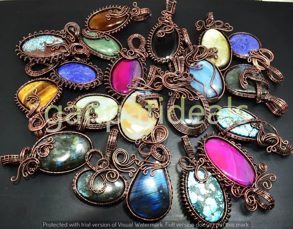 50pcs Lots !! Turquoise Mix Gemstone Copper Wire Wrap Pendant Jewelry