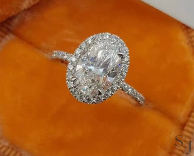 2.00 CT Oval Cut Halo Moissanite Engagement Ring 14K White Gold Plated For Women