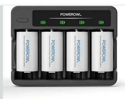 POWEROWL Rechargeable D Batteries with 2 Bay Battery Charger, USB Quick Charging