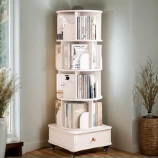 5-Tier Rotating Corner Bookshelf 360° Display Shelf with Drawer for Small Space