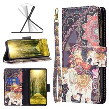 For Various Phone Zipper Flower Elephant 9 Card Wallet Case Flip Stand Bag Cover