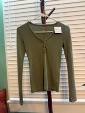 American Eagle Womens XS Olive Green Waffle Knit Thermal Henley Top NWT