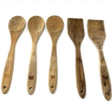5 Piece Olive Wood Kitchen Utensils Set Tan Cooking Pc 3 Spoon 2 Spatula 12.5"