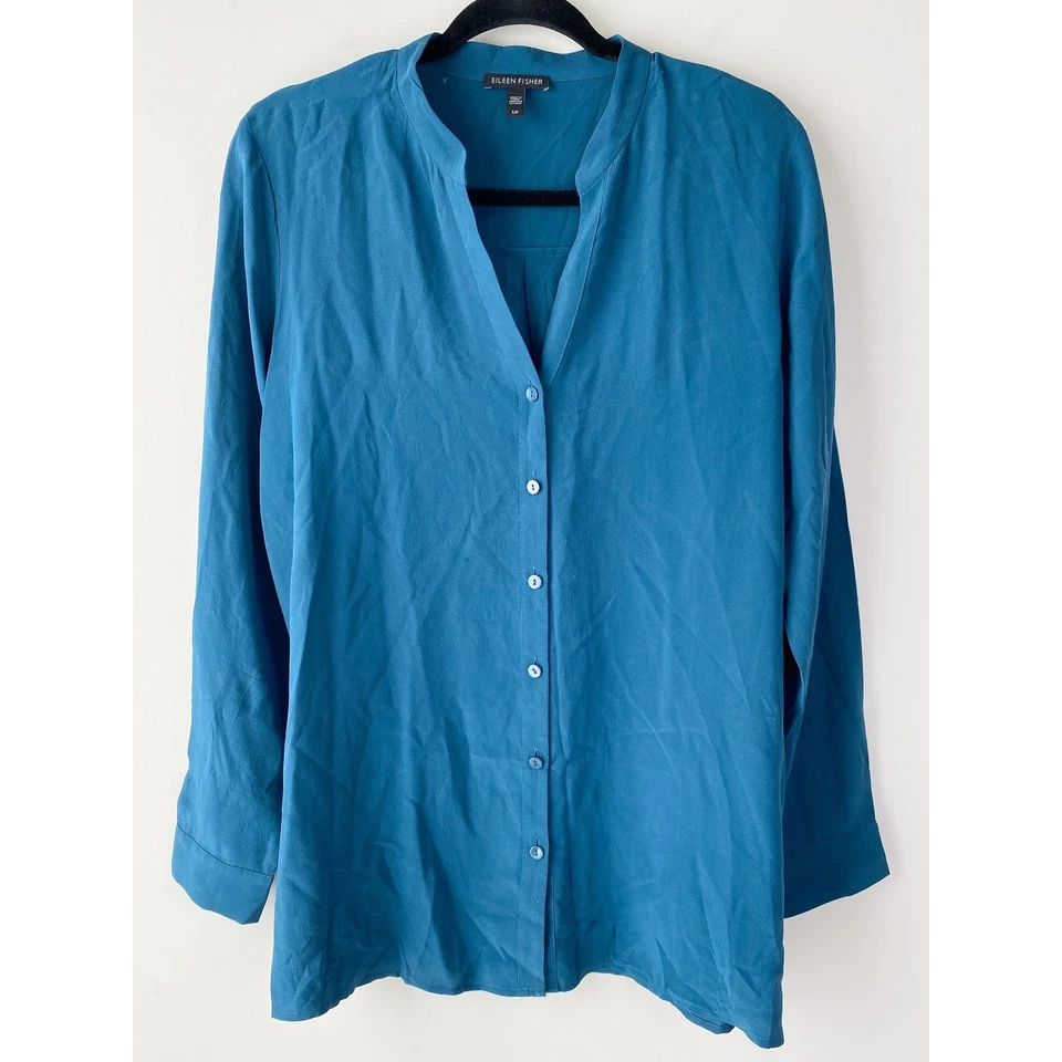 Camisa Eileen Fisher feminina 100% seda com botões S azul-petróleo minimalista escritório chique - Imagem 2 de 4