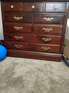 Dark Wood 9-Drawer Dresser Chest, Brass Metal Bail Pull Handles, Brown