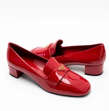 PRADA Women  s Triangle Logo Patent Leather Pumps Loafers Red Size 38/8