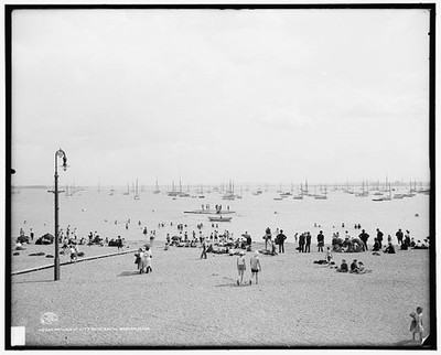 South Boston Mass City Point Bathing Scene c1906 Sailboats Beach Crowd