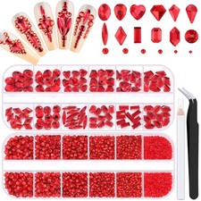 2680Pcs Red Glass Nail Rhinestones 120Pcs Multi Shapes 2 pack, 24 Crystal