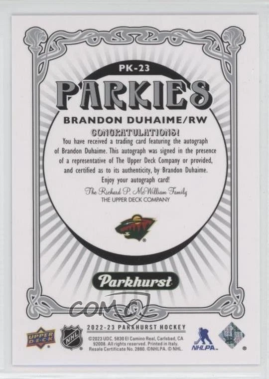 2022-23 Upper Deck Parkhurst Parkies Blue Auto Brandon Duhaime #PK-23 Auto - Image 2 of 2
