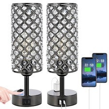 Crystal Table Lamp Touch Control Set of 2, 3-Way Black Crystal Lamps with USB...