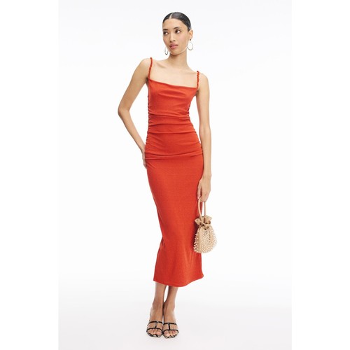 Nanushka Alexa Rust Orange Satin Cowl Neck Ruched Slip Midi Dress Sz Small $425