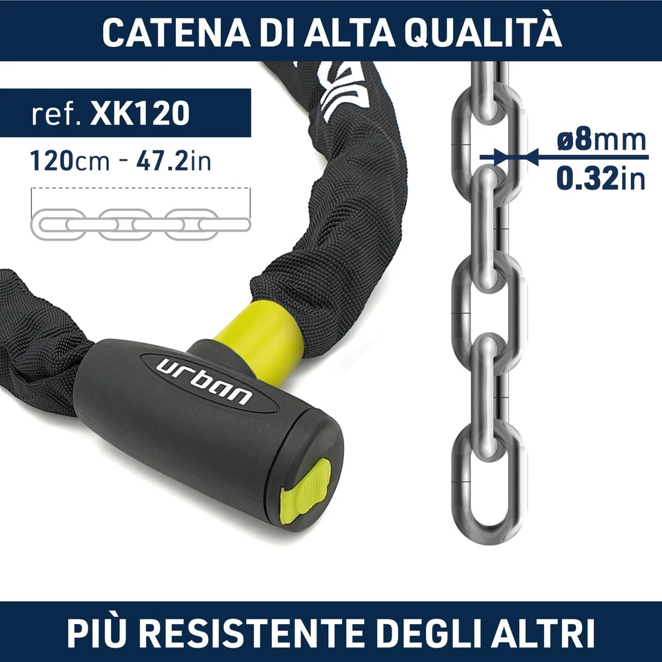 Lucchetto Bici Catena Acciaio Cementato 8mm Antitaglio Antifurto 120cm - Immagine 4 di 4