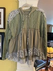 POL Oversized Beachy Lace Trim Full Zip Hoodie Green Balloon Sleeve Boho Small