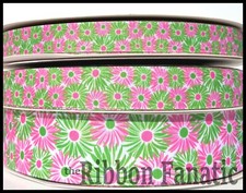 3yds 5/8" 7/8" or 1.5" Pink Green Flowers Palm Beach Style Grosgrain Ribbon