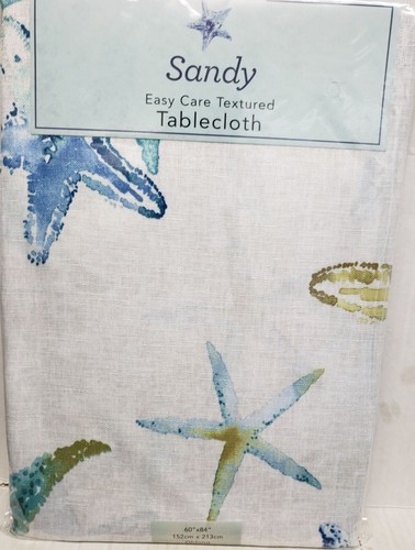 Printed Textured Fabric Tablecloth, 60"x84" Oblong, SEALIFE, STARFISH, SANDY, BM - Picture 2 of 8
