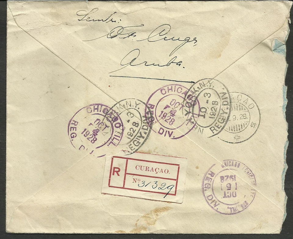 CURAZAO 1928 REG. ПОЧТА СТАЦИОНАРНАЯ В США + МАРКА ПЕРЕСЛАНА, АРУБА ОТМЕНИТЬ - Изображение 2 из 2