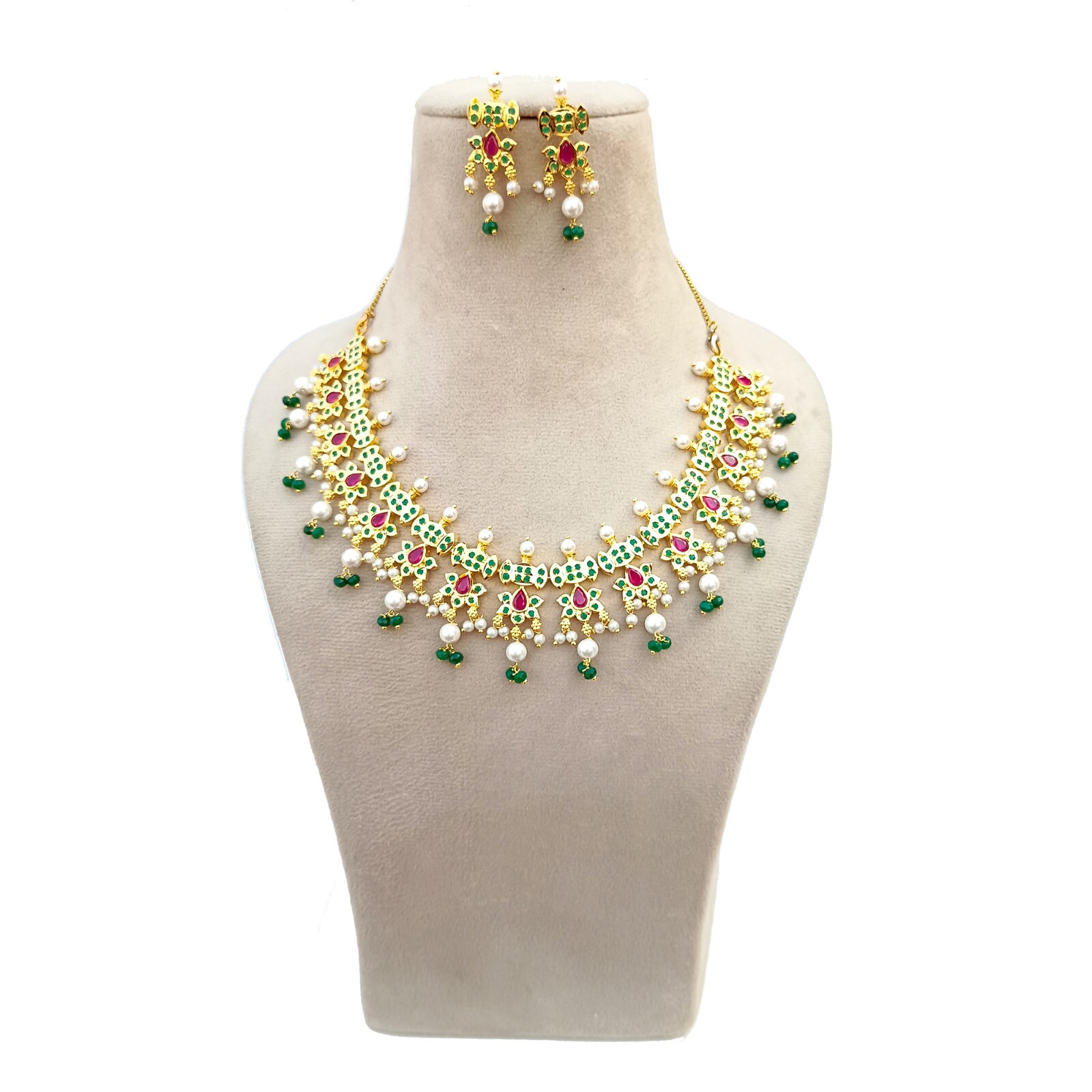 South Indian Bridal Wedding Ruby Emerald Pearl Choker Necklace Studs Jewelry Set