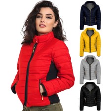 Ladies Padded Quilted Elastic Sides Zipper Popper Collar Puffer Lined Warm Coat