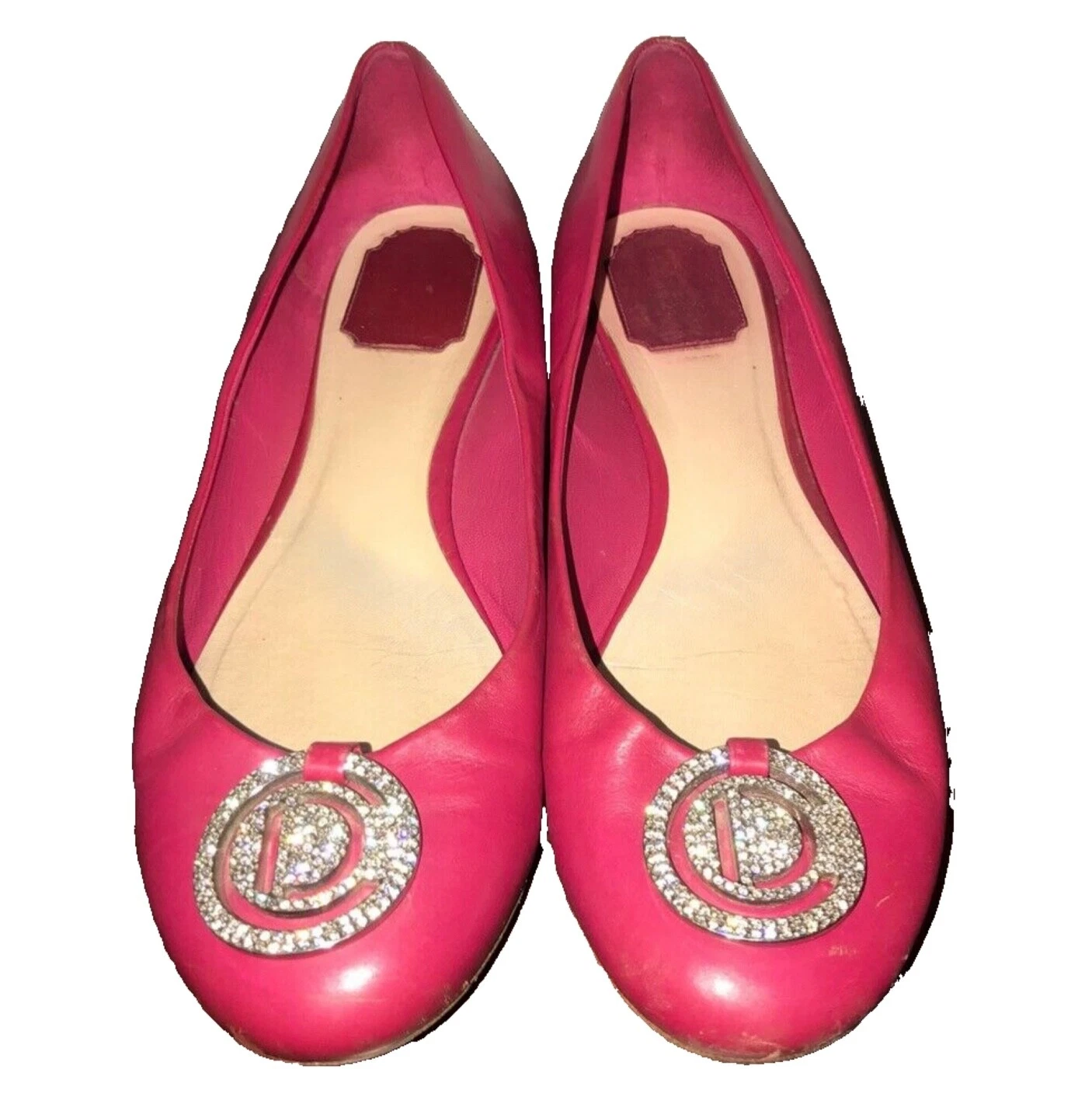 CHRISTIAN DIOR cuir fuchsia cristaux argent CD logo plat chaussures taille 41,5