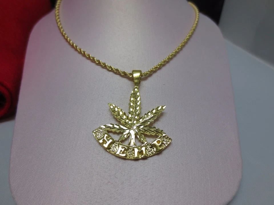 14 KT GOLD PLATED MARIJUANA POT LEAF HEMP ALMOST 2" WITH 3MM ROPE 16-30'-3538 - Image 2 of 2