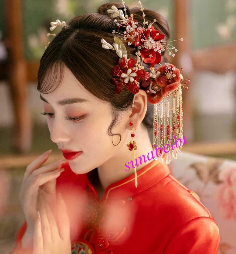 Chinese Bridal Xiuhe Flower Headdress Women Red Vintage Wedding Hair  Accessory