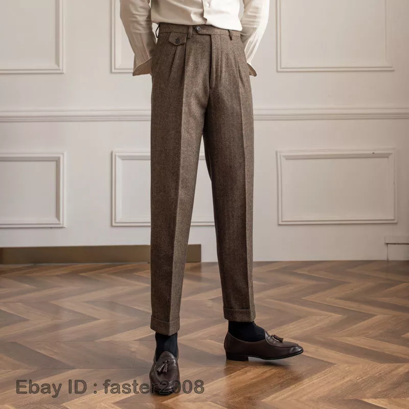 V Waist Herringbone Wool Pants