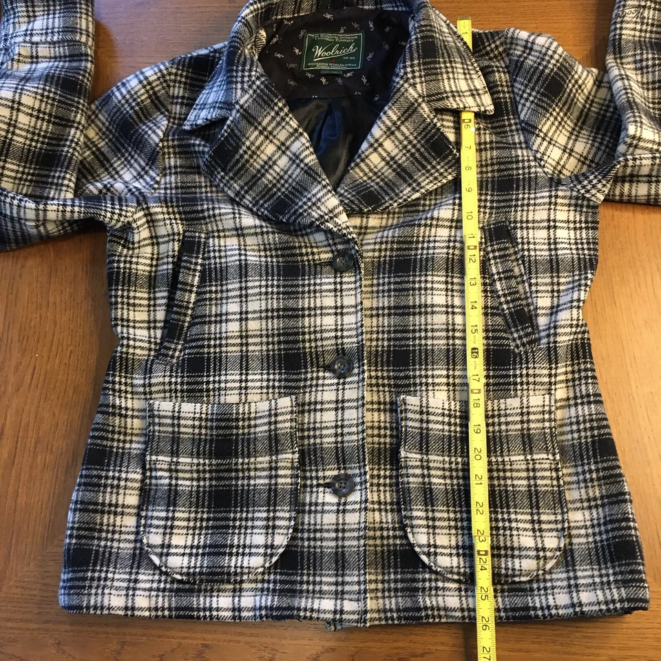 Casaco feminino WOOLRICH médio preto branco xadrez peito duplo lã ervilha excelente estado usado! - Imagem 4 de 4