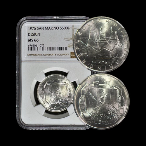 SAN MARINO. 1976, 500 Lire, Silver - NGC MS66 - Family, Olive Tree, Towers