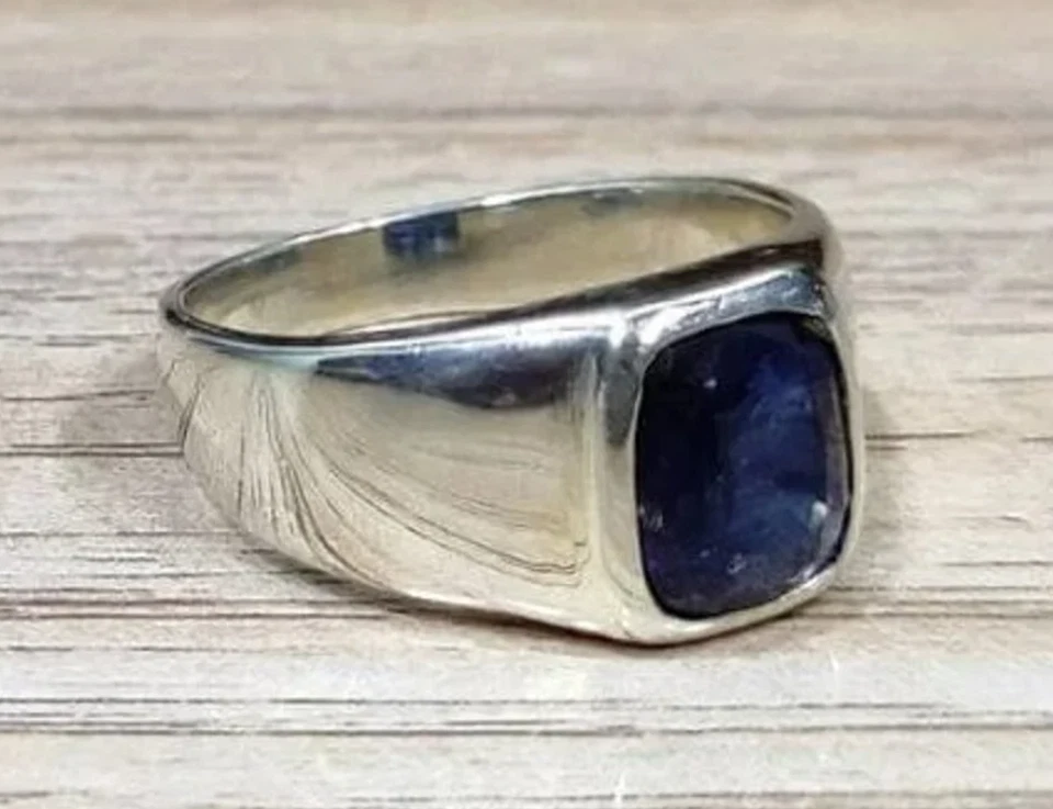 Anillo de zafiro azul natural para hombre anillo de sello de plata 925 regalo de cumpleaños para niños Foto 2 de 4