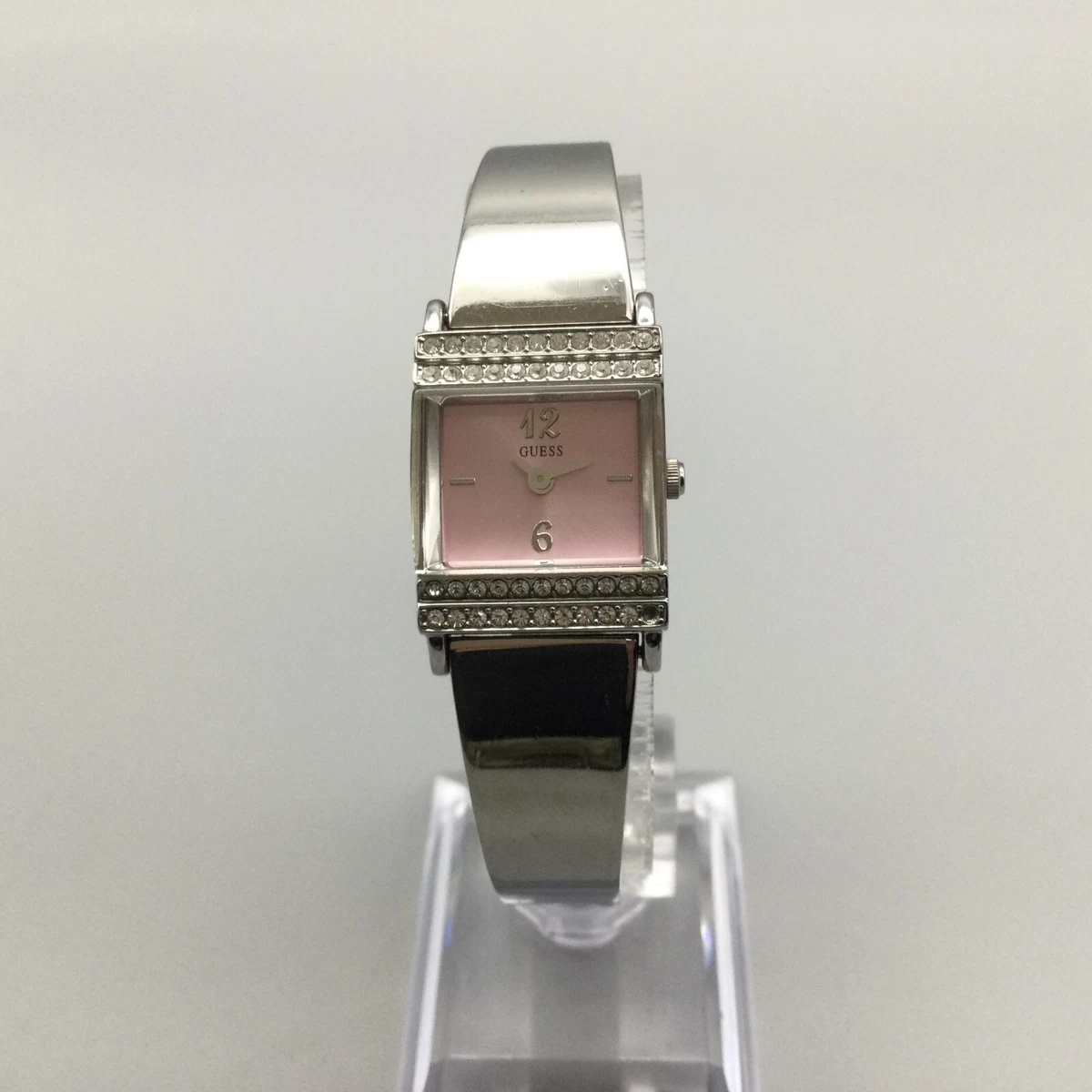 Guess Watch Women Silver Tone Square Pink Dial Pave Bezel New Battery 6.5