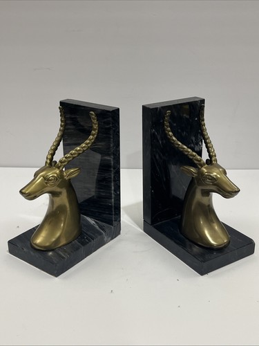 Vintage Gazelle / Antelope Stone Marble Brass BookEnds Mid Century Modern