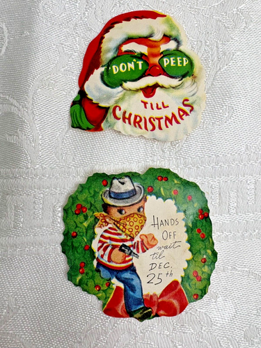 2 Vintage Christmas Stickers ~ Boy with Gun and Santa No Peep ~ 1940-1950